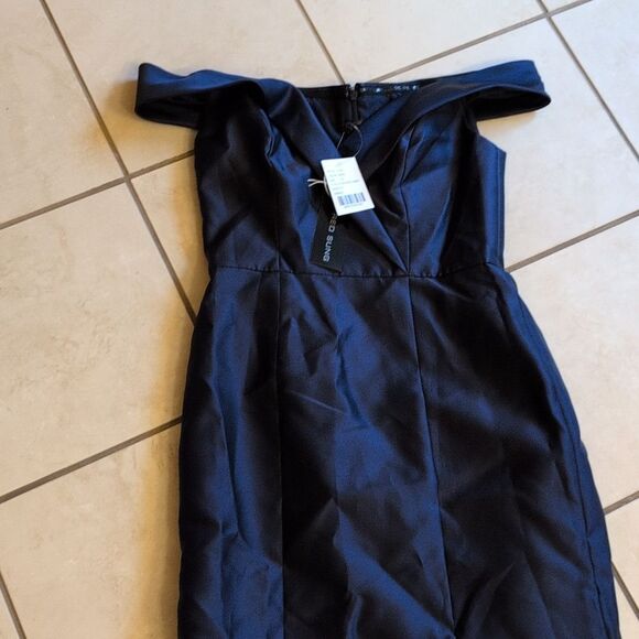 NWT Alfred Sung Off-The-shoulder Cuff Trumpet Gown Slit Midnight Navy Blue 6 - Picture 2 of 13